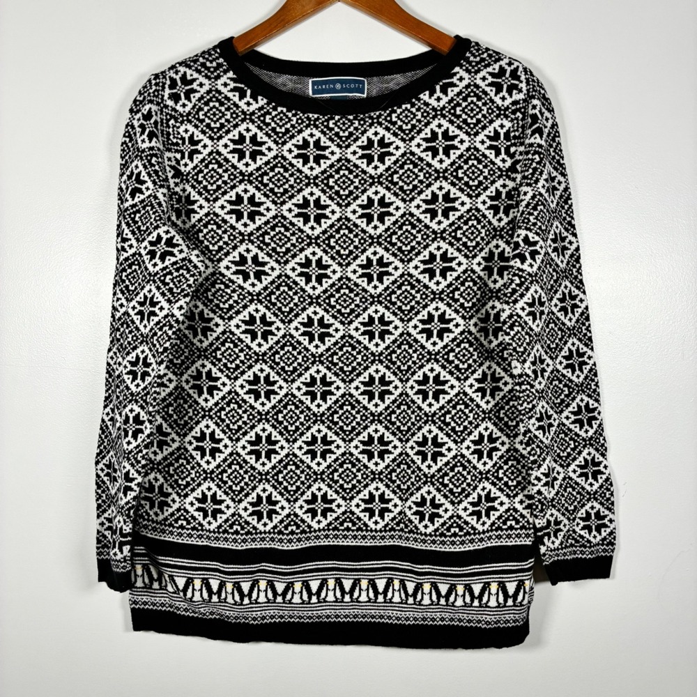 Karen Scott Sweater M Fair Isle Penguin Cotton Nordic Winter Holiday Cozy Cabin